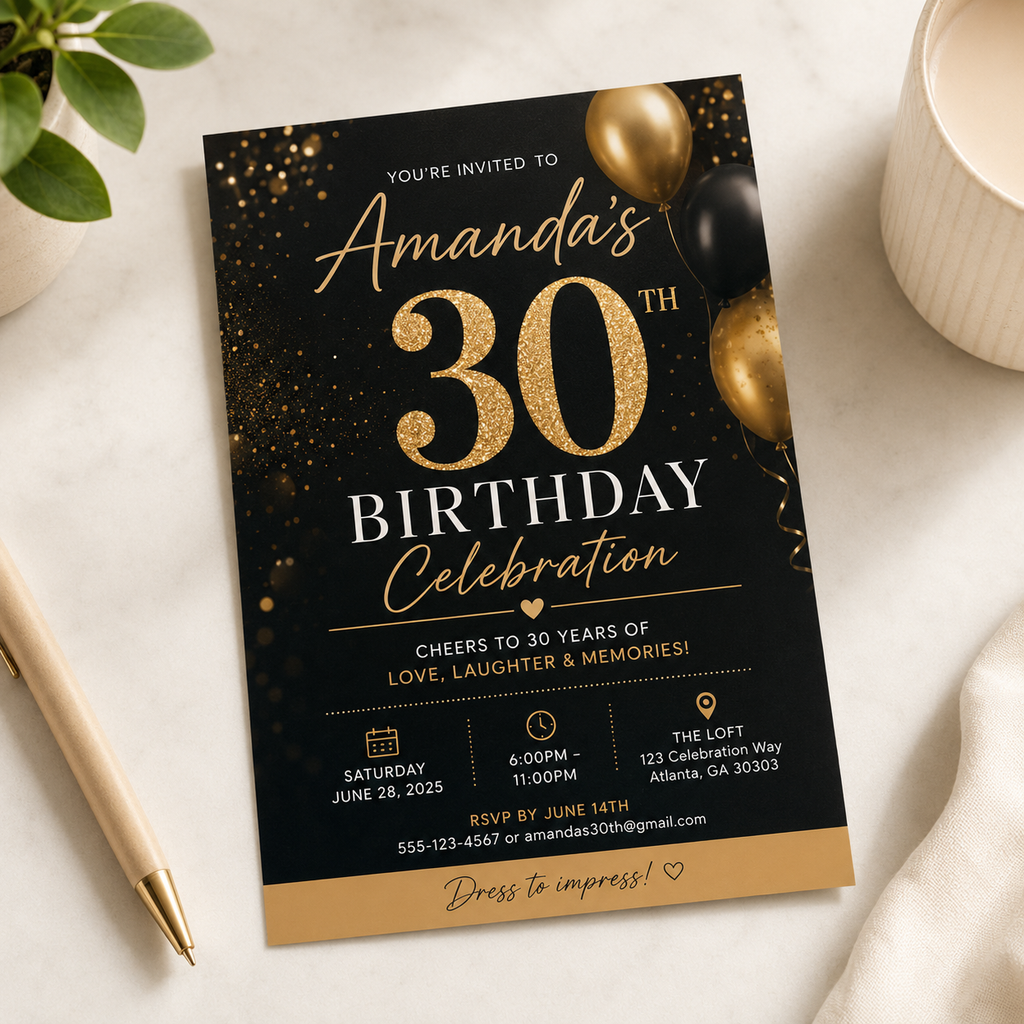 A 30th birthday invitation card styled in a flat-lay setting on a light marble surface, surrounded by a gold pen, a white candle, and a small green plant. The card features a black background with gold glitter accents, gold and white text, and illustrations of gold and black balloons.