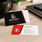 Business cards for Built Right Construction on a desk with a mug, plant, and notebook.
