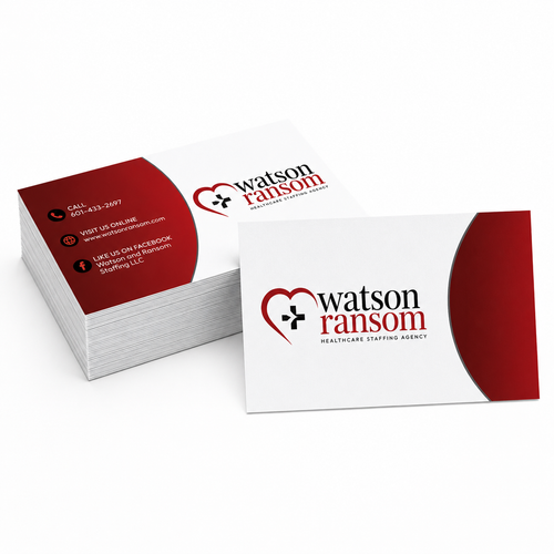 Stack of Watson Ransom business cards on a white background