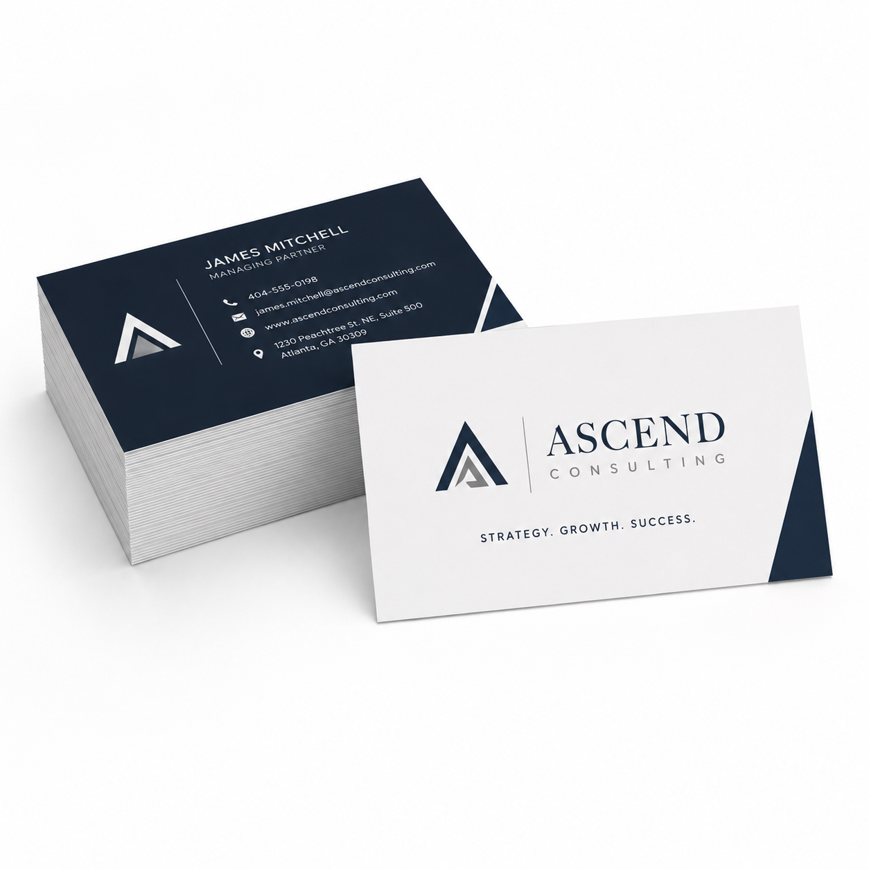 Stack of Ascend Consulting business cards on a white background