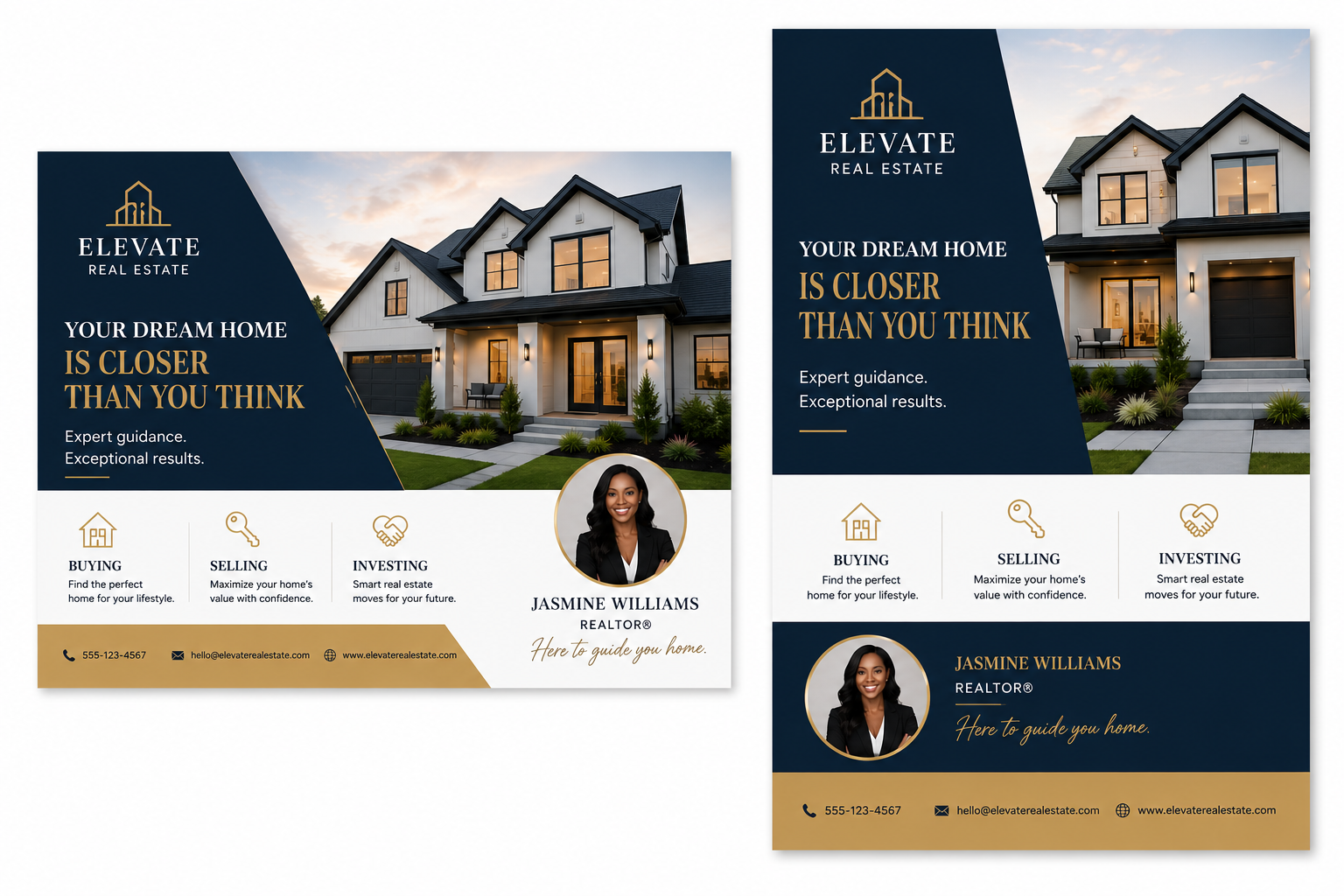 Two real estate marketing or portfolio flyer templates shown side by side on a white background. The templates feature a modern design with a dark navy blue and gold color scheme, a photograph of a suburban house, and placeholder text for a realtor named Jasmine Williams.