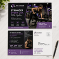A fitness marketing flyer template shown in front and back views on a light marble background. The design features a dark gray and purple color scheme with text such as 'STRONGER EVERY DAY.