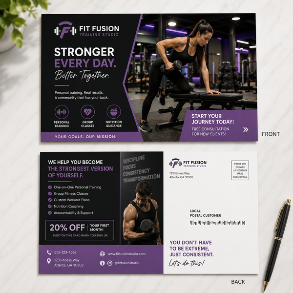 A fitness marketing flyer template shown in front and back views on a light marble background. The design features a dark gray and purple color scheme with text such as 'STRONGER EVERY DAY.