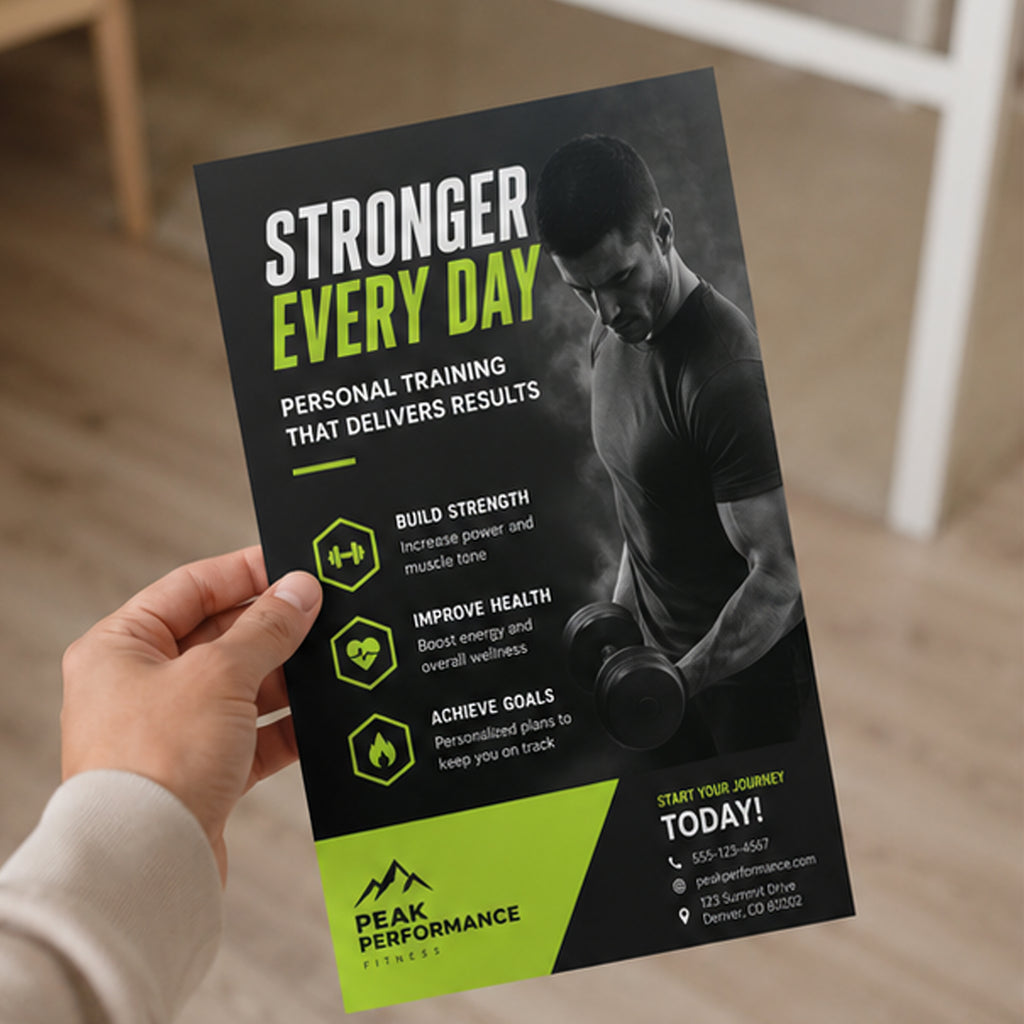 A hand holds a printed fitness flyer or poster in a real indoor setting. The flyer has a black background with a grayscale photo of a man lifting a dumbbell, large white and lime-green text reading 'STRONGER EVERY DAY,' and a bright lime-green section at the bottom with the Peak Performance Fitness logo and contact details.