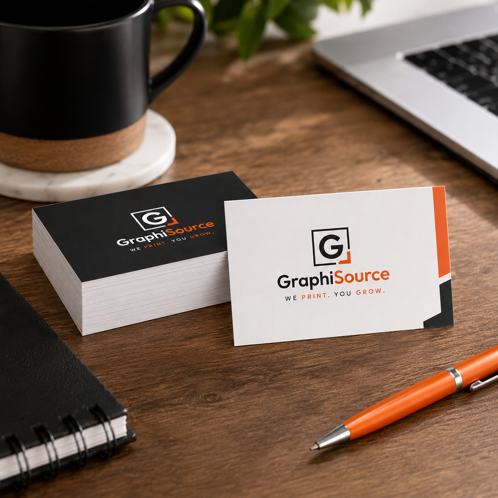Business cards with GraphiSource logo on a desk with a laptop and coffee mug.