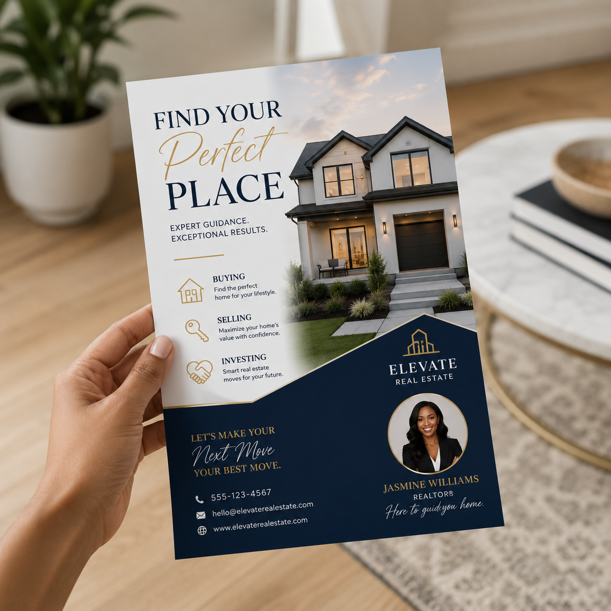 A hand holds a real estate marketing flyer or business card featuring a house photo, contact details for Elevate Real Estate, and the name Jasmine Williams, set against a blurred indoor background.