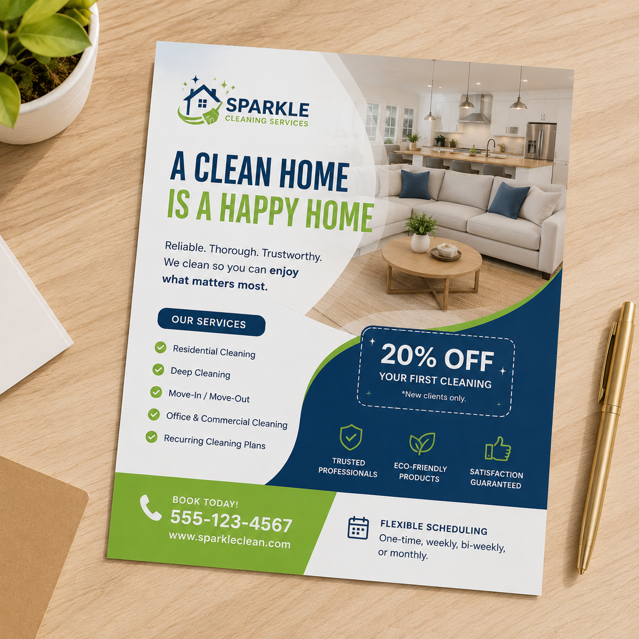 A printed marketing flyer for Sparkle Cleaning Services is displayed on a light wood desk next to a potted plant, an envelope, and a gold pen. The flyer features a clean design with a white, dark blue, and green color scheme, along with a photo of a modern living room.