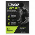 A fitness flyer or poster with the headline 'STRONGER EVERY DAY' on a black background, featuring a grayscale photo of a man lifting a dumbbell, bullet points about building strength and health, and the Peak Performance Fitness logo in bright green at the bottom.