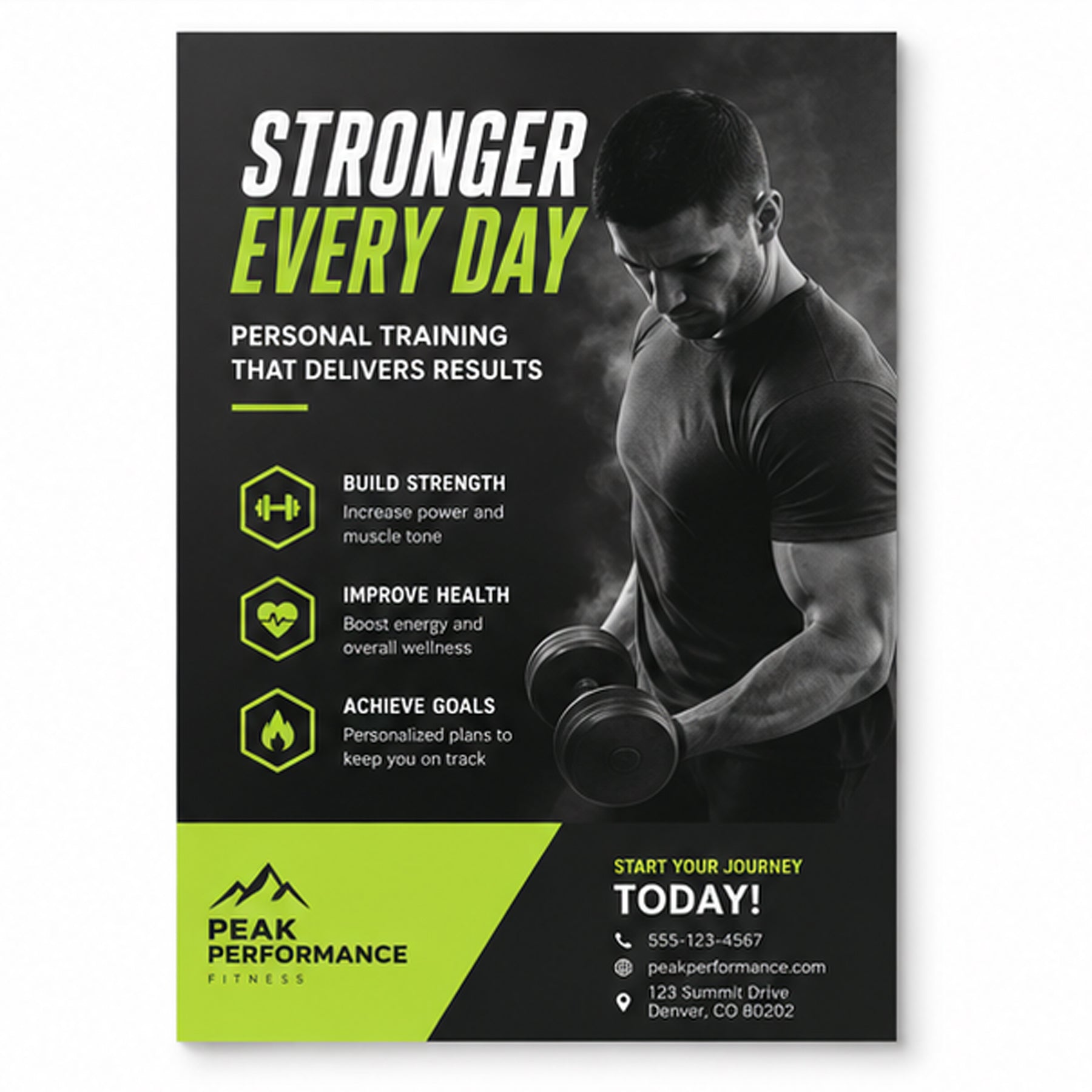 A fitness flyer or poster with the headline 'STRONGER EVERY DAY' on a black background, featuring a grayscale photo of a man lifting a dumbbell, bullet points about building strength and health, and the Peak Performance Fitness logo in bright green at the bottom.